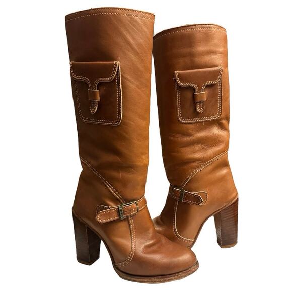 Zodiac Brown Leather Knee High Boots Block Heel Utility Pocket Y2K 2000s 5M